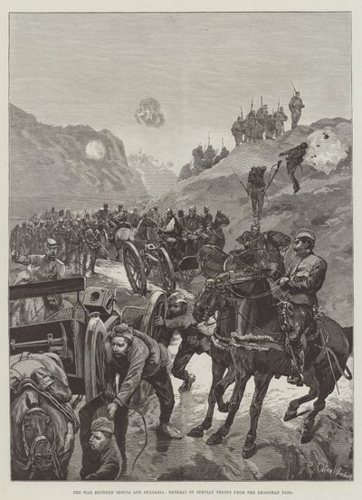 The War between Servia and Bulgaria, Retreat of Servian Troops from the Dragoman Pass by Richard Caton Woodville junior